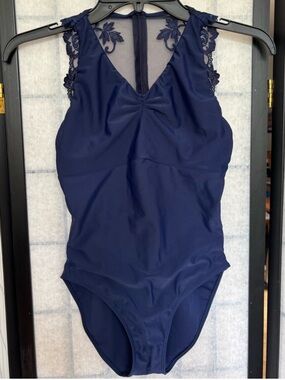 Navy Blue Embroidered Floral Mesh Ballet Rosa Leotard, size medium